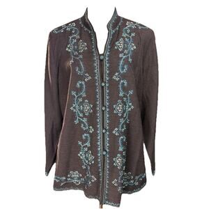 Silk Land Blazer Jacket Women's Sz 2X Brown Silk Embroidered Artsy Button Up